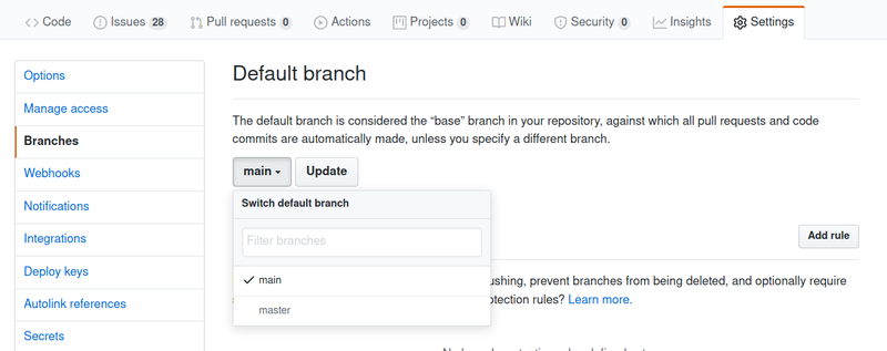 Reconfigure default branch on GitHub
